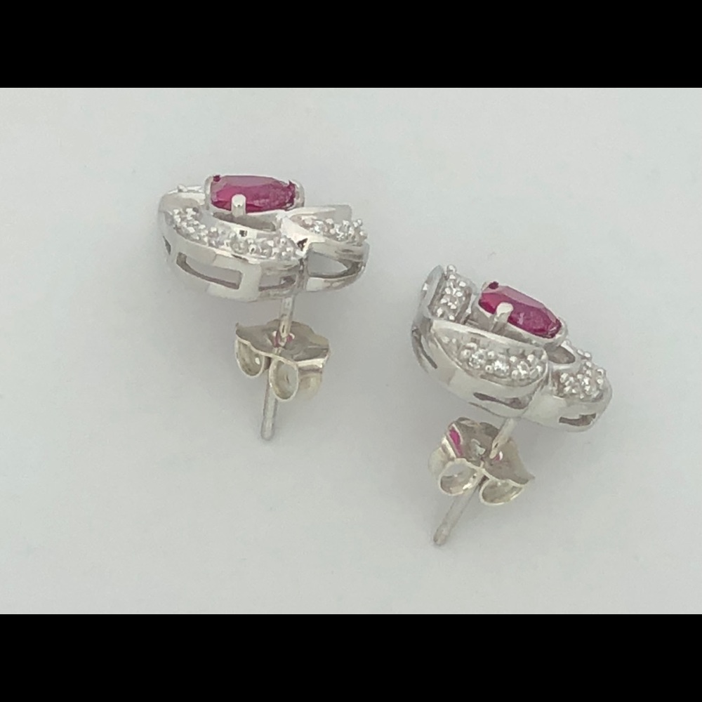 Created Ruby With White Topaz Heart Earrings - image 2